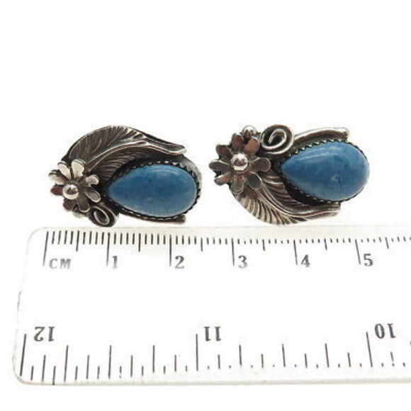 SHEENA LONG Navajo Old Pawn 925 Sterling Silver Vintage Sodalite Floral Earrings - Picture 3 of 7